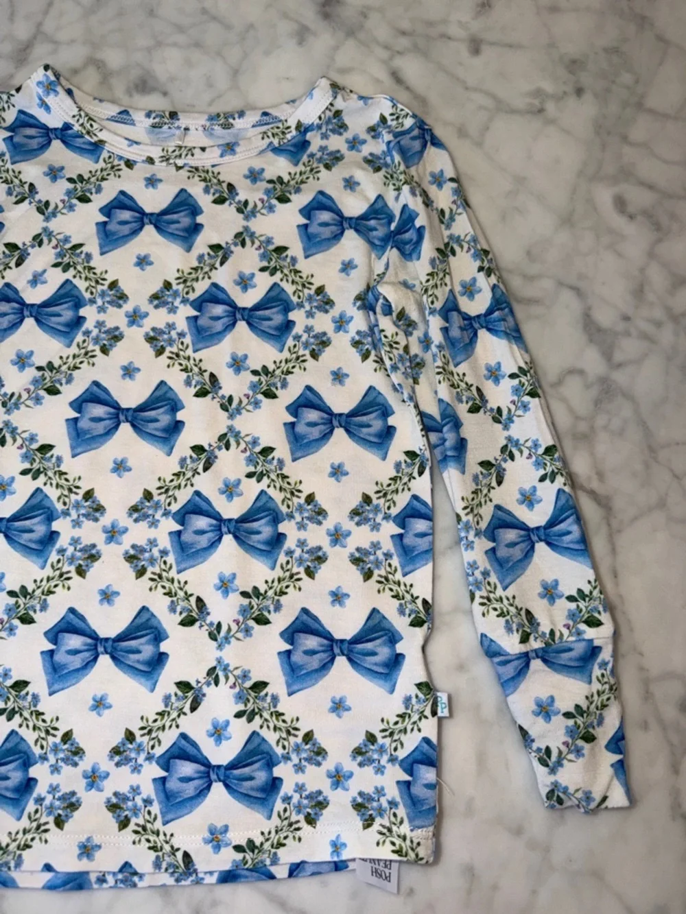 Posh Peanut Blue Bow Floral Long Sleeve Pajama Set 3/4T